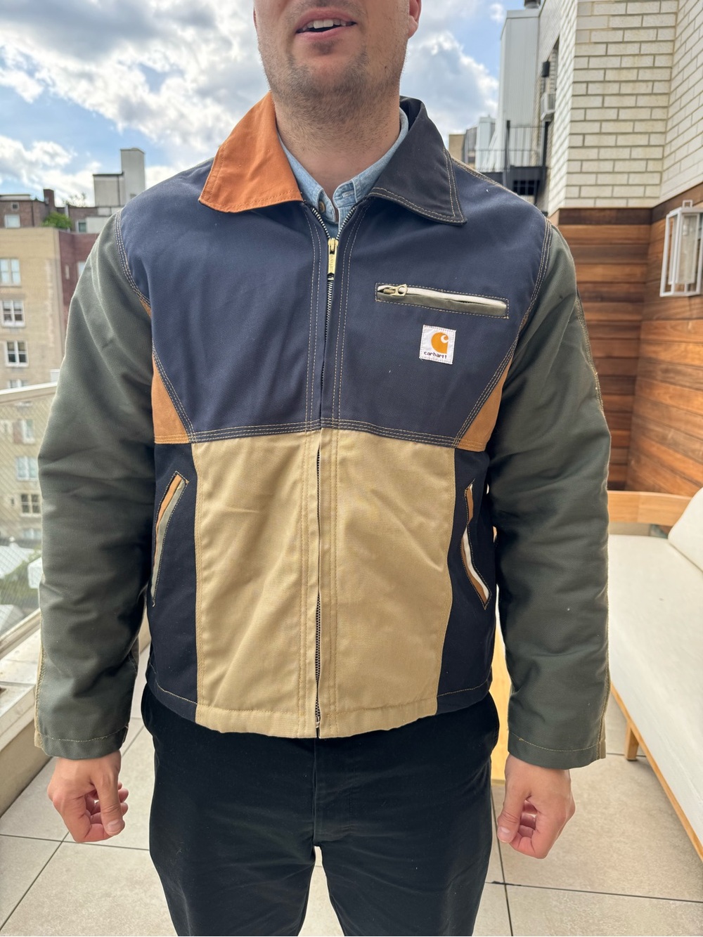 Carhartt Men’s Colorblock Work Jacket – Navy, Olive & Tan with Brown Accents